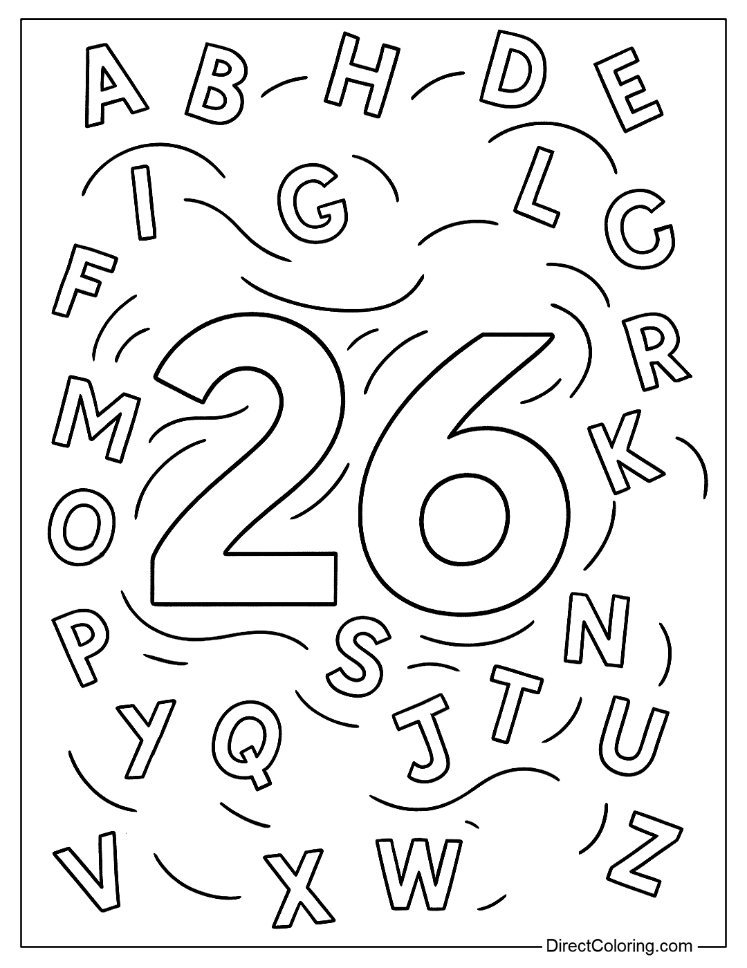 Number 26 Coloring Page with 26 Small Letters Flying Around the Number Like the Wind